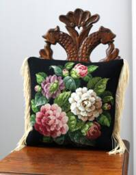 Handmade Victorian-style Needlepoint Cushion With Silk Velvet Backing & Antique French Passementerie Trim - thumbnail 1