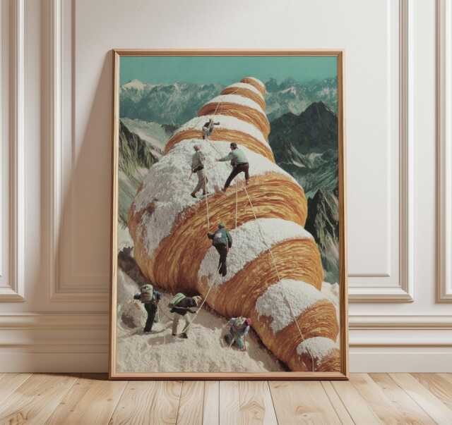 Surreal Croissant Mountain Art Print, Whimsical Collage Poster With Climbers, Dreamlike Fantasy Wall Art, Retro Surrealism Kitchen Decor - image 1