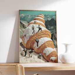 Surreal Croissant Mountain Art Print, Whimsical Collage Poster With Climbers, Dreamlike Fantasy Wall Art, Retro Surrealism Kitchen Decor - thumbnail 2