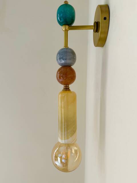 Handmade Brass Finish Sconce Lighting With Natural Marble Gemstones - image 1