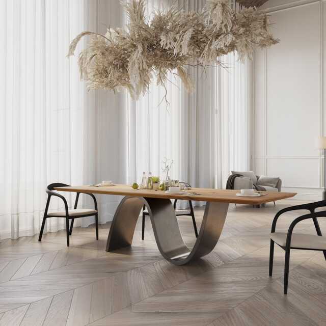 Hardwood Oak Modern Dining Table 044 With A Special Hand-Painted Base in Mixed Black & Grey Colours - image 1