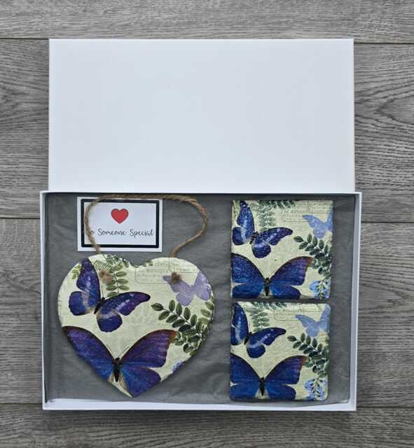 Butterfly Decor Gift Set Decoupage Slate Heart Wall Hanging & Coasters - image 1