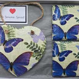 Butterfly Decor Gift Set Decoupage Slate Heart Wall Hanging & Coasters - thumbnail 2
