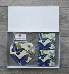 Butterfly Decor Gift Set Decoupage Slate Heart Wall Hanging & Coasters - thumbnail 1