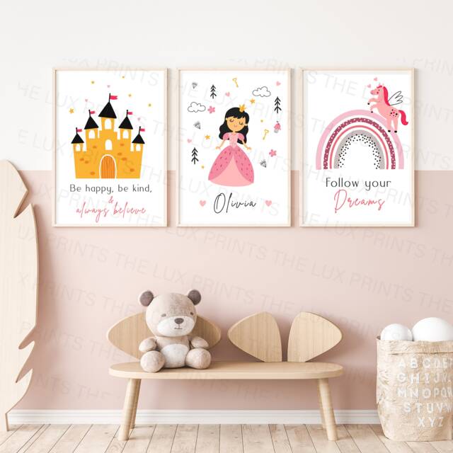 Personalised Wall Art Prints Rainbow Fairytale - Girls Set Of 3- Bedroom Nursery Childrens Princess Kids -Playroom Decor - image 1