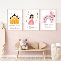 Personalised Wall Art Prints Rainbow Fairytale - Girls Set Of 3- Bedroom Nursery Childrens Princess Kids -Playroom Decor - thumbnail 1