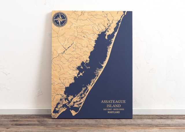 Assateague Island, Maryland Map - Engraved Wood Coastal Chart Wall Art Sign, Beach Home Decor Nautical Print, Personalized Family Gift - image 1