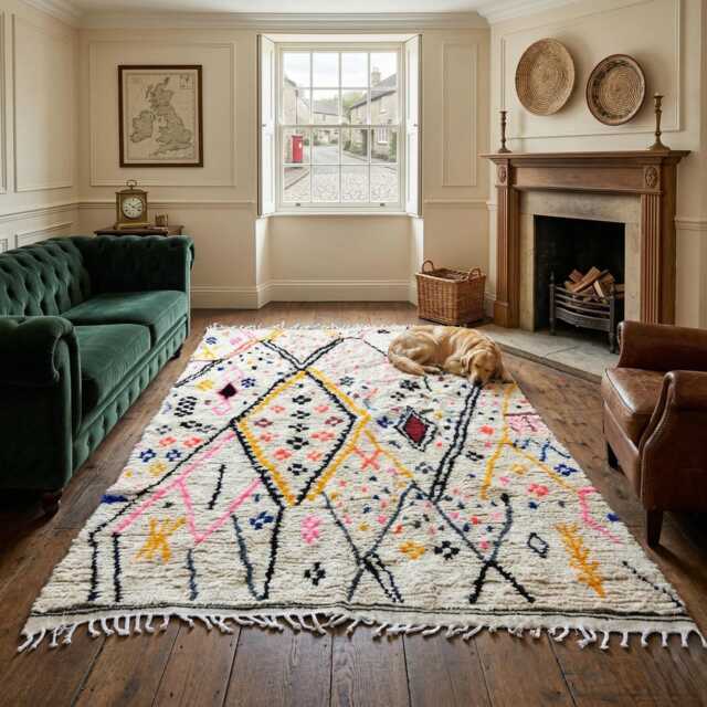 Handmade Wool Azilal Rug - Colorful Geometric Boho Living Room Carpet - image 1