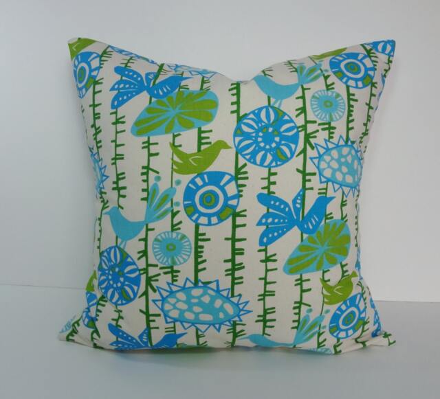 Aqua Bird Print Pillow Cover Green Floral Cushion - 18 X 18 - image 1