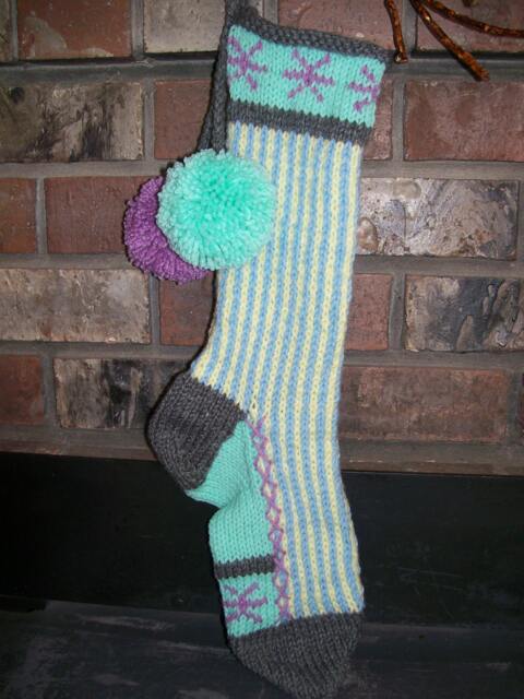 Hand Knit Christmas Stocking Pastel Blue Seafoam Lavender Stripes Santa's Works - image 1