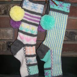 Hand Knit Christmas Stocking Pastel Blue Seafoam Lavender Stripes Santa's Works - thumbnail 2