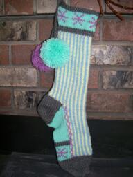 Hand Knit Christmas Stocking Pastel Blue Seafoam Lavender Stripes Santa's Works