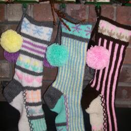 Hand Knit Christmas Stocking Pastel Blue Seafoam Lavender Stripes Santa's Works - thumbnail 3