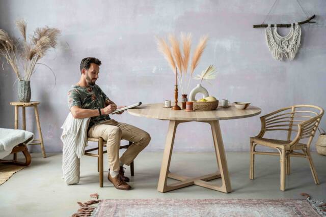 Extendable/Nonextendable Round Dining Table Raw Oak Wood Effect Finish Round Oak Kitchen Slice Round Boho - image 1