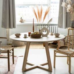 Extendable/Nonextendable Round Dining Table Raw Oak Wood Effect Finish Round Oak Kitchen Slice Round Boho - thumbnail 3