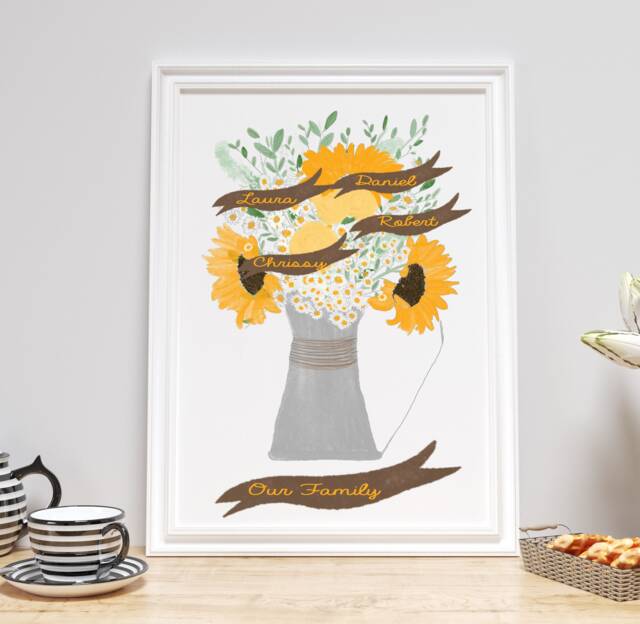 Personalised Sunflower Family Tree Print Custom Floral Art