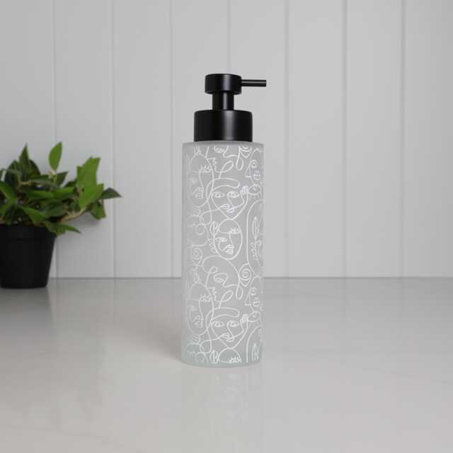 500Ml Frosted Glass Soap Dispenser With White Line Art Wrap, Artistic Reusable Bottle For Bathroom Or Kitchen, Eco Gift Home - image 1
