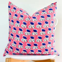 Fuchsia Pink Indian Block Print Pillow Cover , Cotton Voile Hand Mede - thumbnail 2