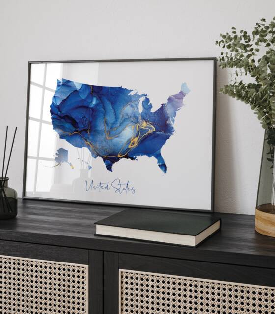 United States Map Blue & Gold Wall Art Print - Usa America - image 1