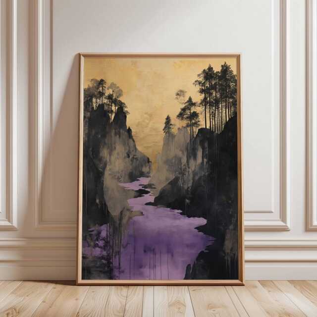 Golden Canyon Poster, Abstract Landscape Wall Art, Purple River Modern Print - image 1