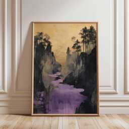 Golden Canyon Poster, Abstract Landscape Wall Art, Purple River Modern Print - thumbnail 1