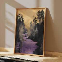 Golden Canyon Poster, Abstract Landscape Wall Art, Purple River Modern Print - thumbnail 2