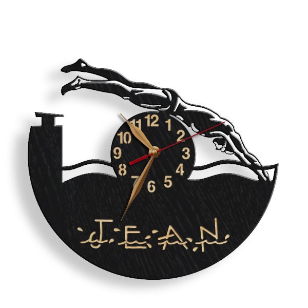 Swimmer Wood Wall Clock, Personalized Sports Art, Non-Ticking - 12-18 Inch - image 1