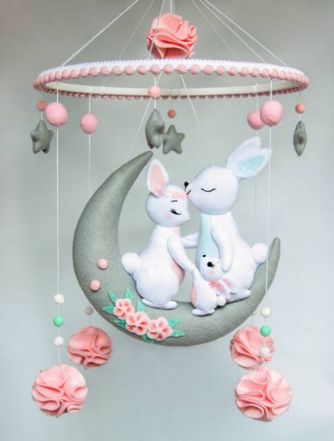 Baby Mobile With Bunnies - Mobile Baby For Girl Nursery Rabbits Crib Hanging Nursery - image 1