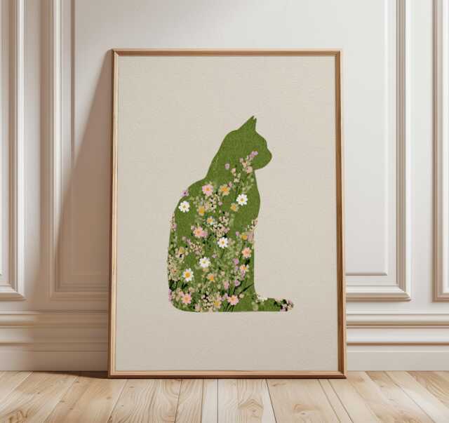 Floral Cat Silhouette Art Print, Botanical Animal Poster, Green Nature Wall Art, Whimsical Pet Decor, Modern Minimalist Home Artwork - image 1