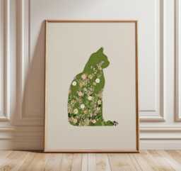 Floral Cat Silhouette Art Print, Botanical Animal Poster, Green Nature Wall Art, Whimsical Pet Decor, Modern Minimalist Home Artwork - thumbnail 1