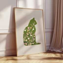 Floral Cat Silhouette Art Print, Botanical Animal Poster, Green Nature Wall Art, Whimsical Pet Decor, Modern Minimalist Home Artwork - thumbnail 2