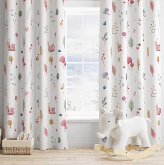Woodland - Colourful Snails & Mushroom Curtains, Nursery Curtains Blackout Or Non Blackout, With Eyelets, Pencil Pleat Rod Pocket - image 1