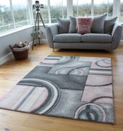 New Blush Pink Silver Grey Cream Rugs Small Large Mats Modern Circles Design UK