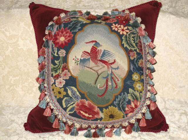 Huge Antique Needlepoint Woolwork Tapestry Pillow Of Mythical Bird - image 1