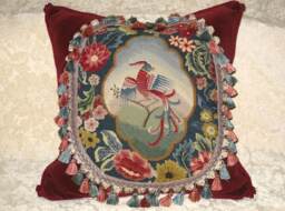 Huge Antique Needlepoint Woolwork Tapestry Pillow Of Mythical Bird - thumbnail 1