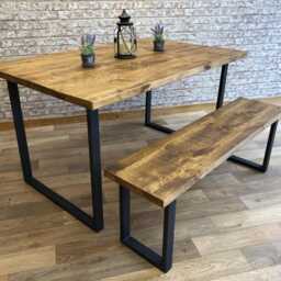 Industrial Steel Square Frame Straight Edge Rustic Dining Table - thumbnail 4