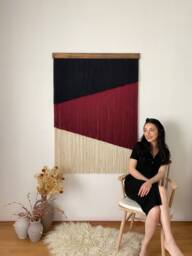Large Geometric Macrame Wall Hanging, Burgundy Black Yarn Tapestry