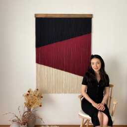 Large Geometric Macrame Wall Hanging, Burgundy Black Yarn Tapestry - thumbnail 3