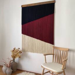 Large Geometric Macrame Wall Hanging, Burgundy Black Yarn Tapestry - thumbnail 2