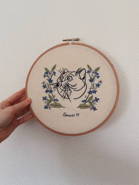 Custom Line Pet Portrait- Personalized Embroidery Dog Cat Face From Photo- Memorial Gift Owner Hoop Home Decor-Cat Flower Art - image 1