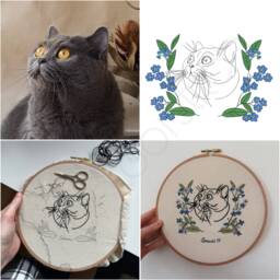 Custom Line Pet Portrait- Personalized Embroidery Dog Cat Face From Photo- Memorial Gift Owner Hoop Home Decor-Cat Flower Art - thumbnail 2