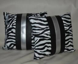 "2 Zebra Black Silver Faux Fur & Leather Cushion Covers 16"" 18"" 20" - thumbnail 1