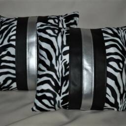 "2 Zebra Black Silver Faux Fur & Leather Cushion Covers 16"" 18"" 20" - thumbnail 2