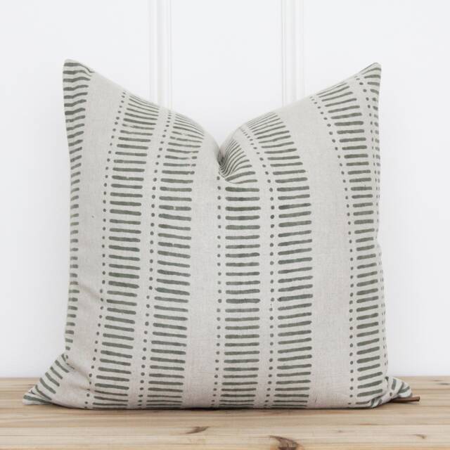 Hand Block Stripe Pillow Cover - Green Indian Printed Custom Print -- Jackson - image 1