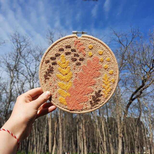 Handmade Floral Punch Needle Wall Hanging, Autumn Decor - image 1
