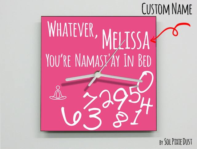 Custom Name Whatever, You're Namast'ay in Bed/Square Pink - Wall Clock - image 1