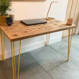 Reclaimed Wood Desk Scaffold Yellow Hairpin Legs - thumbnail 2
