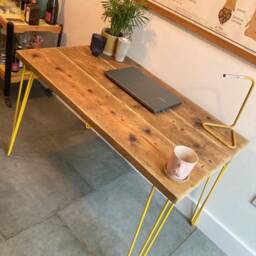 Reclaimed Wood Desk Scaffold Yellow Hairpin Legs - thumbnail 3