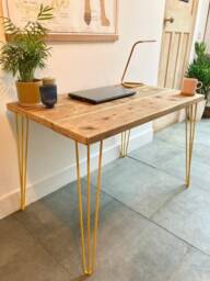 Reclaimed Wood Desk Scaffold Yellow Hairpin Legs - thumbnail 1