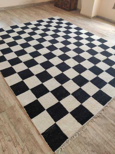 Handwoven Wool Checkerboard Rug, Black & White Moroccan Style - image 1